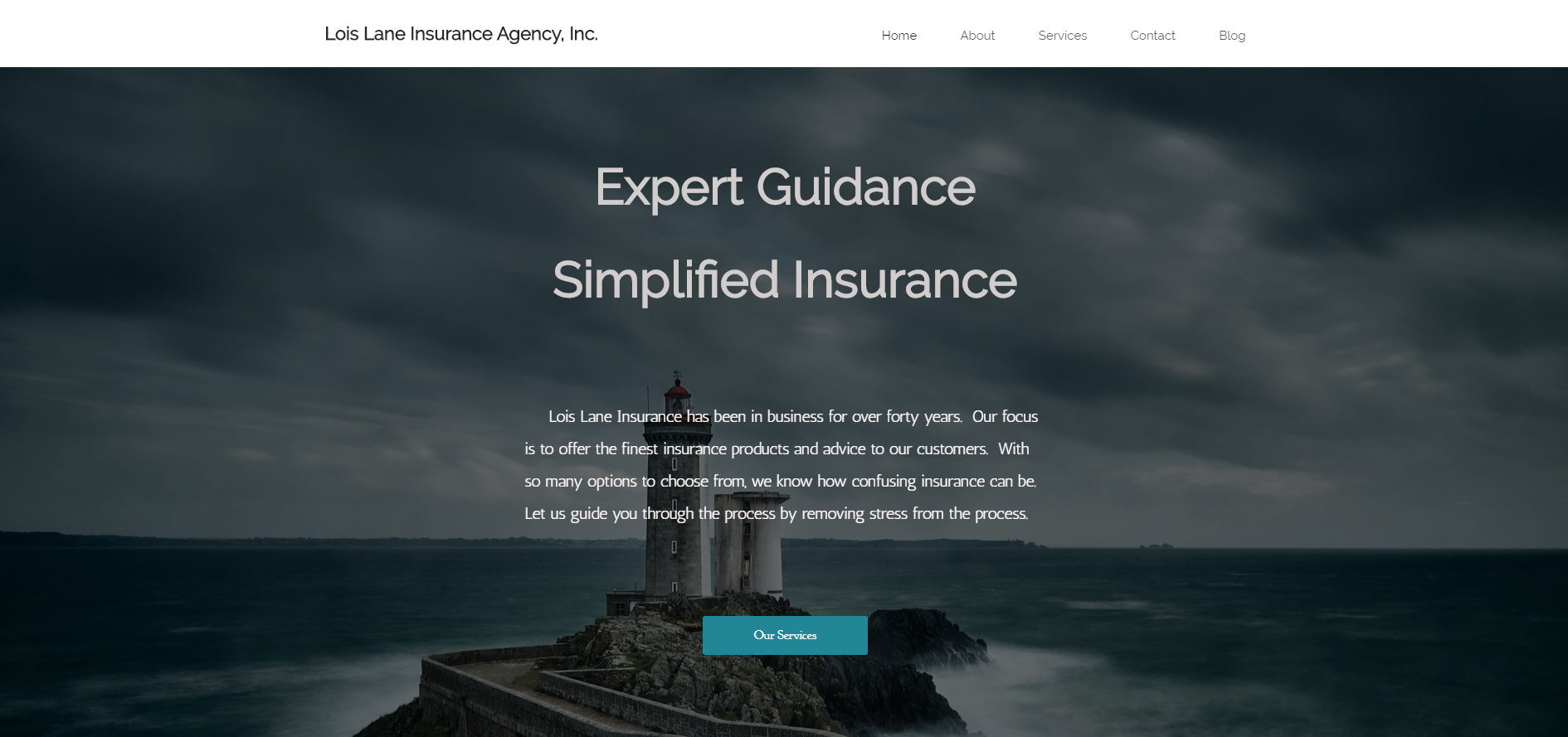 Home page of the Lois Lane Insurance Agency that links to the website designed by Jonathan Hammond.